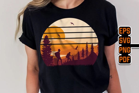 Trendy Mountain Hiking Graphic T-Shirt: A Retro Sunset Design Asset